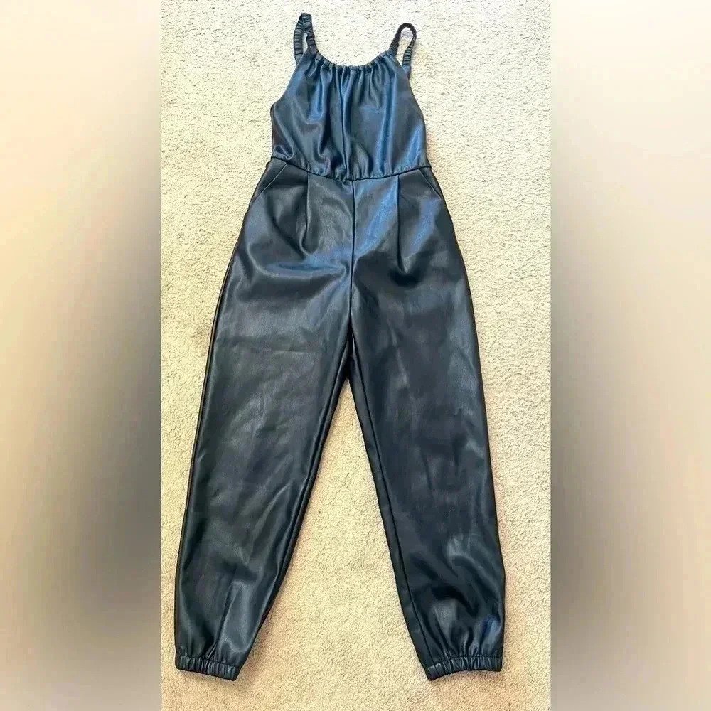 ZARA Faux Leather Cropped Girls Sleeveless Jumpsuit Sz 11/12 Buttery Soft - Picture 14 of 16